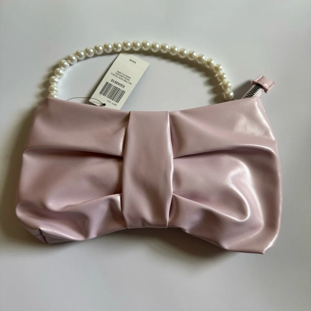 Elegant Pink Bow Clutch with Pearl Handle or add Pearl Shoulder Straps